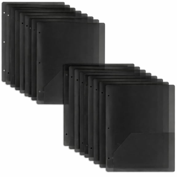 100 Pack Two Pocket Plastic Translucent 3-Ring Hole Punch Folders, 11.5”L x 9.5”W for Filing / Storing Paper Work, Black