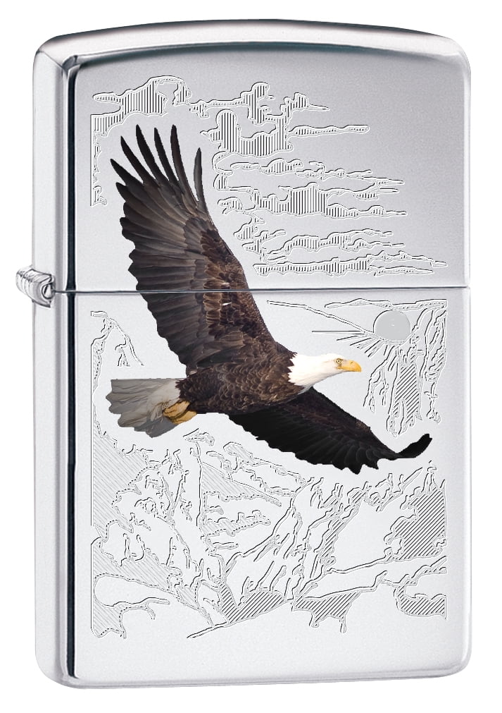 Zippo Lighter: Bald Eagle with Engraved Background - High Polish Chrome ...