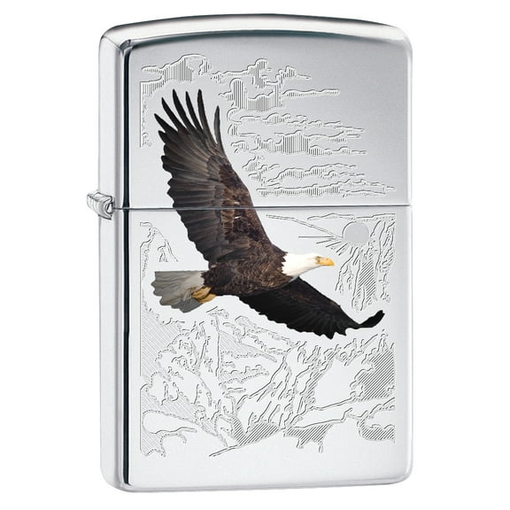 Zippo Lighter: Bald Eagle with Engraved Background - High Polish Chrome 78516