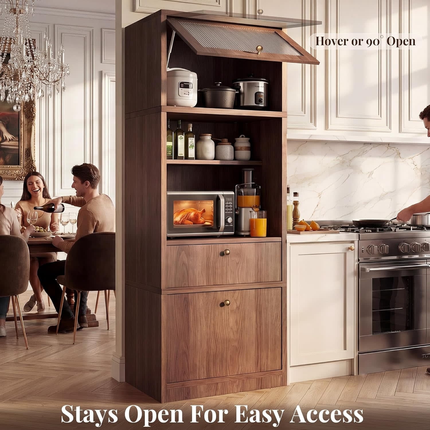 71" Tall Kitchen Pantry Cabinet, Extra Deep 15" with Microwave Stand, 2 Drawers & Open Shelf, Freestanding Anti-Tip Organizer for Kitchen