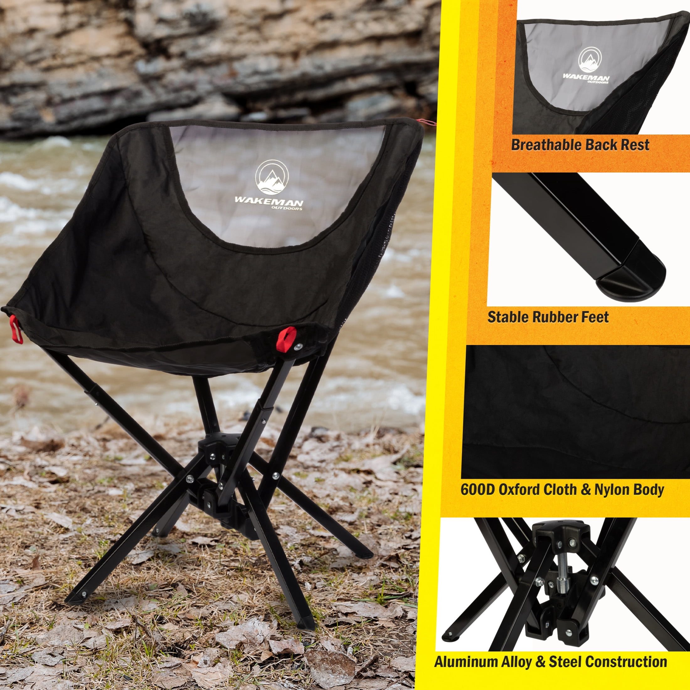 Wakeman Outdoors Camping Chair - Lightweight Backpacking Chair, Black