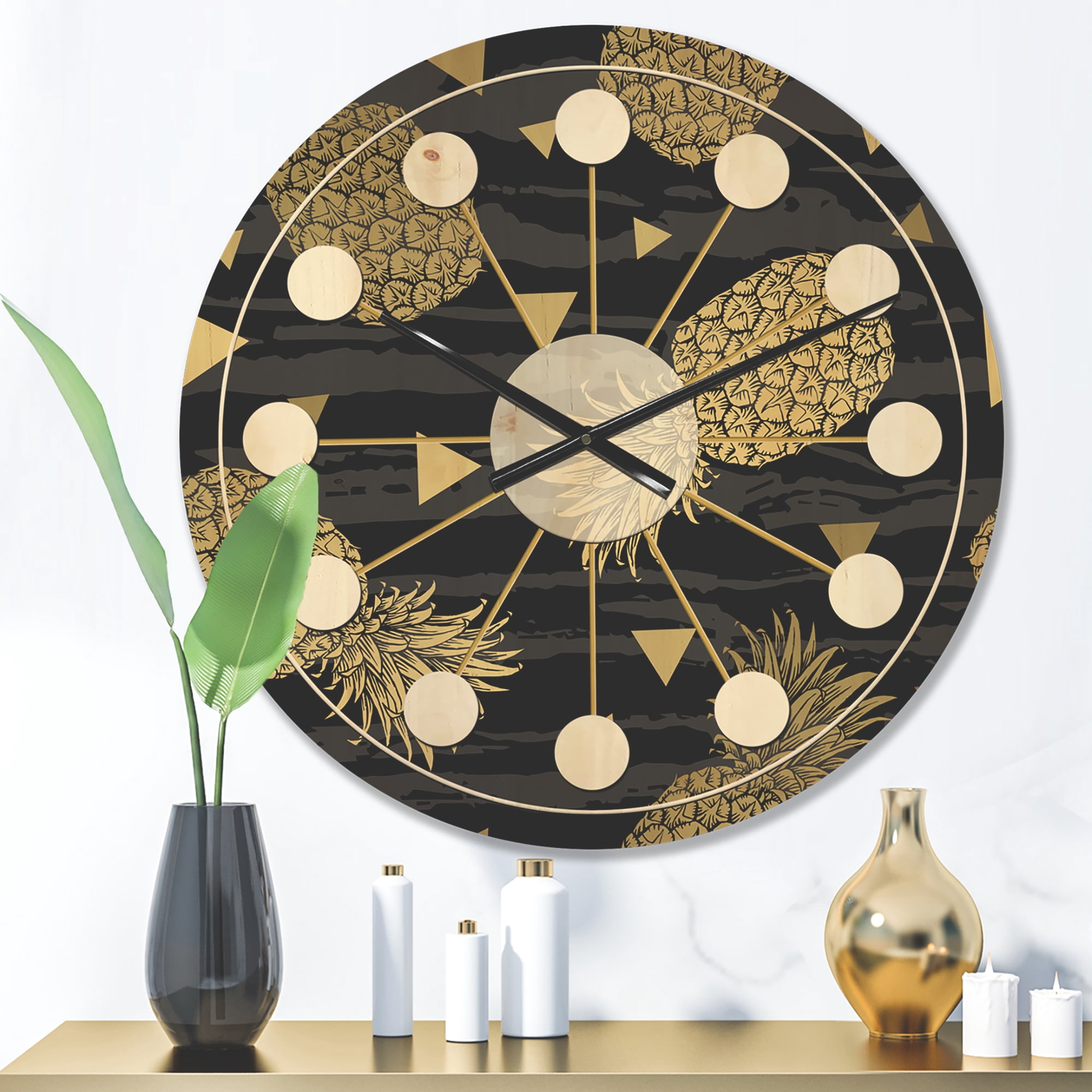 Designart 'Golden Pineapple On Black Horizantal' Mid-Century Modern Wood Wall Clock