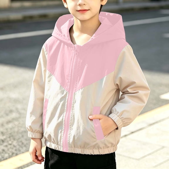 vokkrv Boys Girls Spring Fall Color Block Zip Up Hooded Jacket, Lightweight Wind Resistant Casual Outerwear, Fashion Daily Outdoor Coat for Kids Pink 8-9 Years