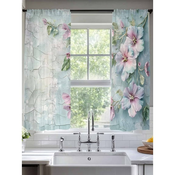 Spring Pink Flower Sheer Curtains for Living Room Bedroom Branch Blue Vintage Mottled Wall Sheer Curtains 72 Inch Long 2 Panels Set Light Filtering Curtain Window Treatments Drapes for Dining Room