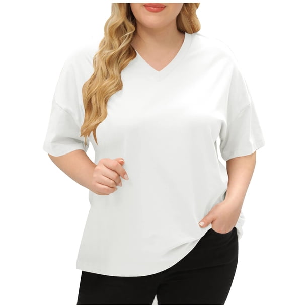 Camiseta informal de mujer con cuello en V, manga corta y corte holgado - Algodón suave, prenda básica versátil