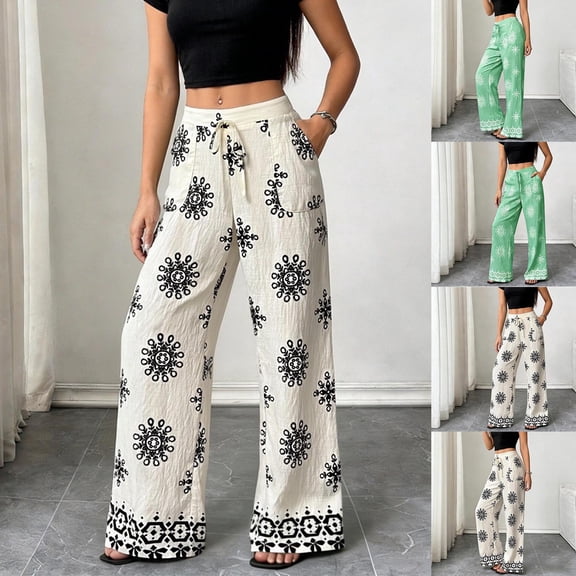 BRGZLK Women's Pants Fashion Elastic High Waisted Wide Leg Pants Floral Print Boho Summer Beach Vacation Casual Trousers with Pockets