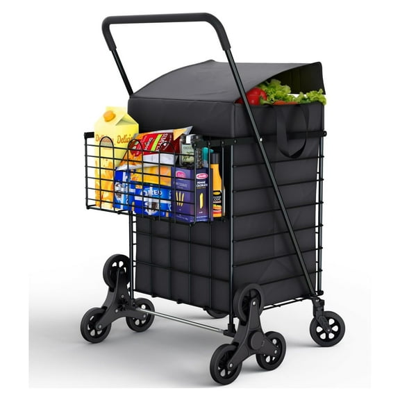 Stair Climbing Shopping Cart - Foldable Utility Cart w/ 360° Wheels & Waterproof Liner | Lightweight Grocery Laundry Cart - Black Stair Climbing Wheels