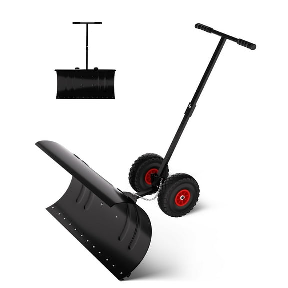 Snow Shovel with Wheels, Snow Pusher Plow Angle & 60° Tilt Handle, Efficient Clean Removal Tool for Driveway or Pavement