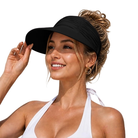 Women's UPF 50 Sun Visor Hat,Wide Brim Ponytail Sports Cap with Ice Silk Fabric,Lightweight Foldable Summer Hats for Women for Beach,Travel,Hiking,Golf,Gardening Black One Size