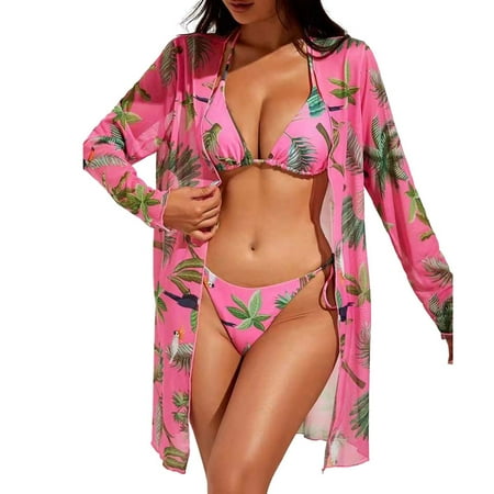 yunLCZ Bikini Set for Women Two Piece Swimsuits Floral Print High Stretch 3 Piece Set Swimsuits Triangle Halter Tie Strap Bikini & Long Sleeve Cover Up