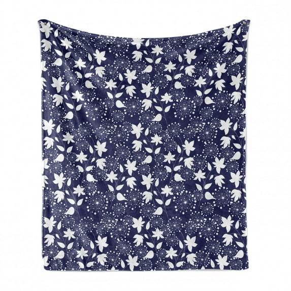 Botanical Soft Flannel Fleece Throw Blanket, Monochrome Illustration of Abstract Flowers and Dandelions Silhouettes, Cozy Plush for Indoor and Outdoor Use, 70" x 90", Indigo and White, by Ambesonne