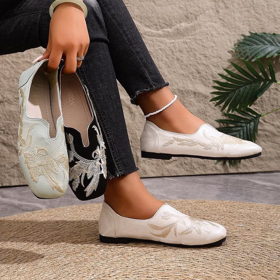 Women's Retro Embroidered Loafers, Soft Sole Comfortable Flat Shoes, Spring Summer Casual Slip On Moccasins, Plus Size Low Heel Walking Shoes, Breathable Lightweight Dress Shoes for Daily Wear