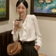 thumbnail image 3 of Camisas elegantes Rimocy con volantes blancos para mujer, blusas de manga larga con cuello en V, blusas coreanas dulces y holgadas con botones para mujer, primavera 2022, 3 of 5