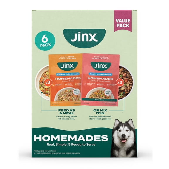 Jinx Homemades Chicken & Chicken/Salmon Recipe Wet Dog Food Meal Topper Variety Pack, 3 oz Pouch, 6pk