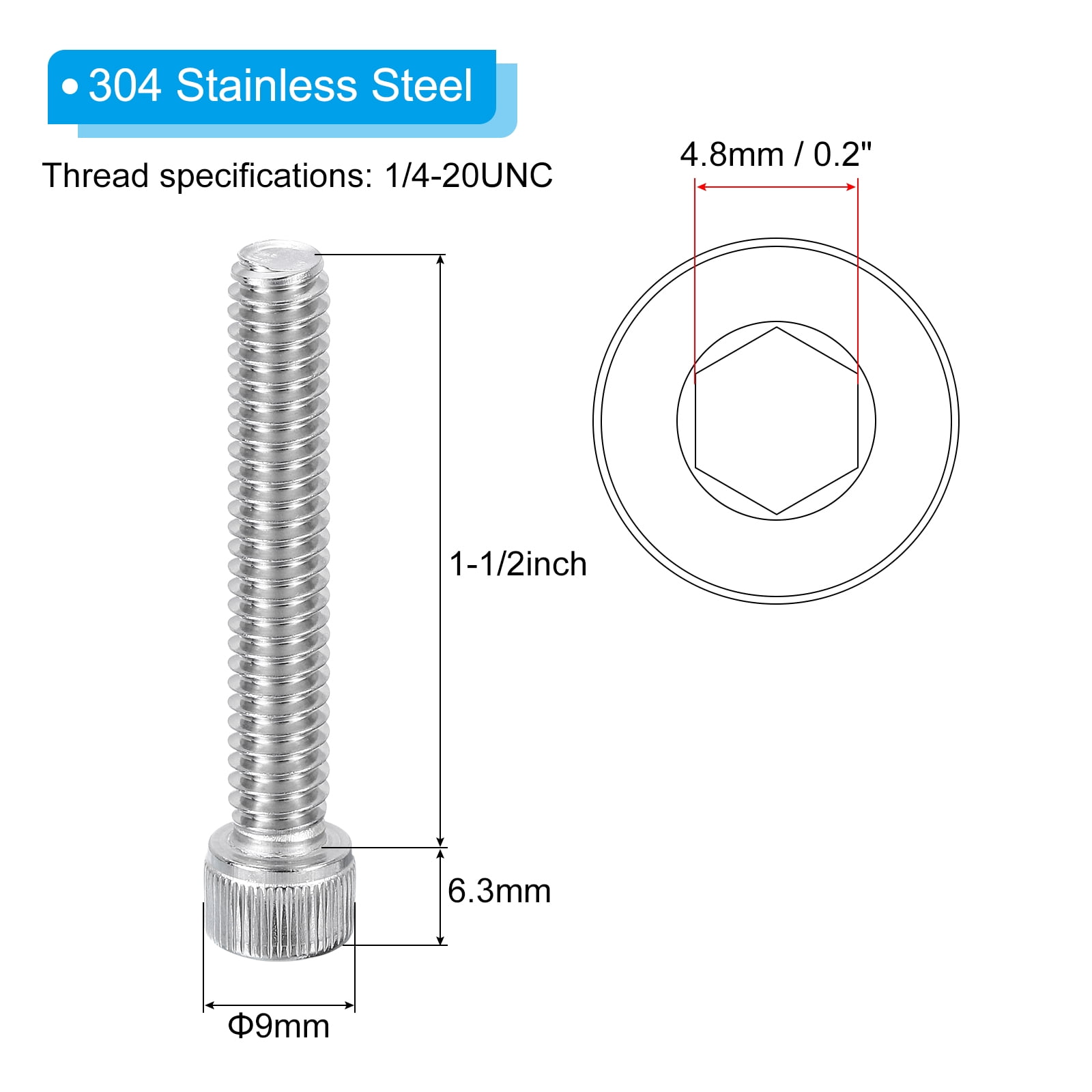 Uxcell 1/4-20 x 1-1/2" Hex Socket Cap Head Screw Bolt, 30Pcs 304 Stainless Steel 18-8, Machine Full Thread