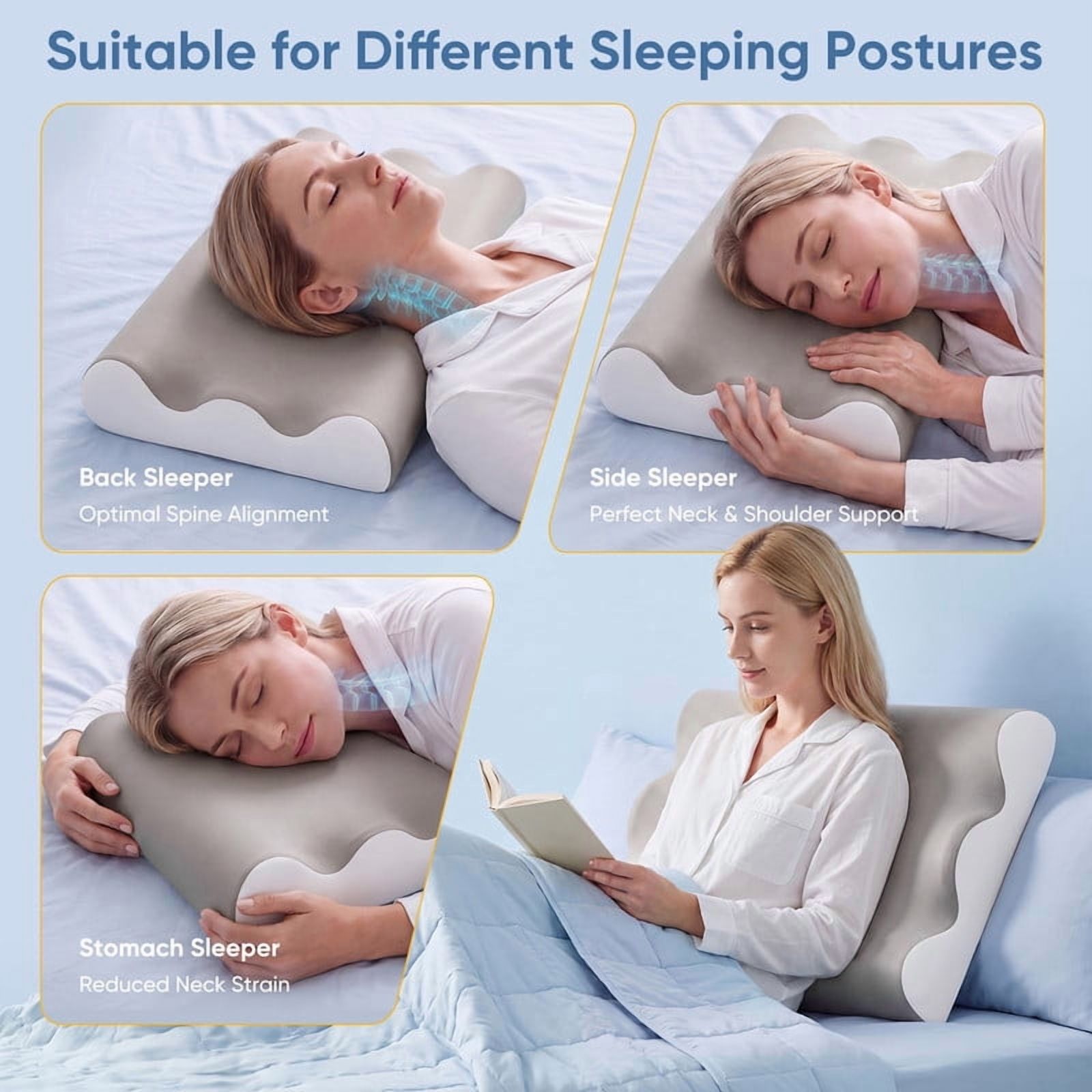 Kelno Memory Foam Pillow Ergonomic Cervical Contour Support with Dual Height Breathable Cooling Washable Cover for Side, Light Gray