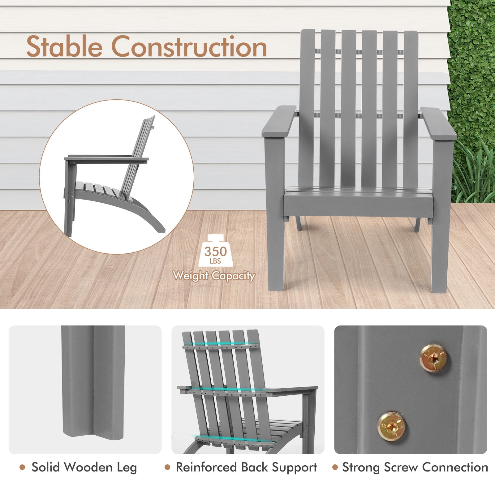 Patiojoy Wooden Adirondack Chair W/Ergonomic Design Outdoor Lounge Armchair Acacia Wood chair for Yard&Patio Gray