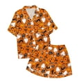 thumbnail image 4 of SUYIDA Girls Satin Pajama Set Halloween Pumpkin Ghost Print Shirts and Shorts Short Sleeve Button Down Sleepwear Soft 2 Piece Outfits, 4 of 5