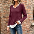 thumbnail image 3 of NominalSnug Women's Long Seleve Top Fake Two Piece Ribbed Knit Sweaters V-Neck Slim Fit Fall Winter Layered Shirt, 3 of 7