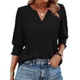 thumbnail image 1 of Camiseta WIHOLL para mujer, manga 3/4, cuello en V, plisada, negra, talla grande, 1 of 5