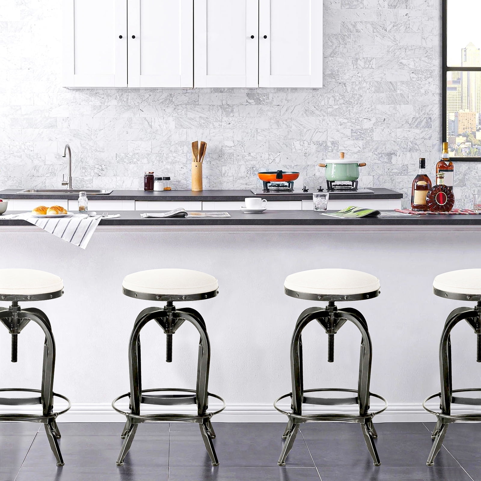 Kadyn Modern Industrial Barstool Set of 1, Adjustable Bar Counter Chairs with Iron, Swivel Backless Barstool for Kitchen, Off-white