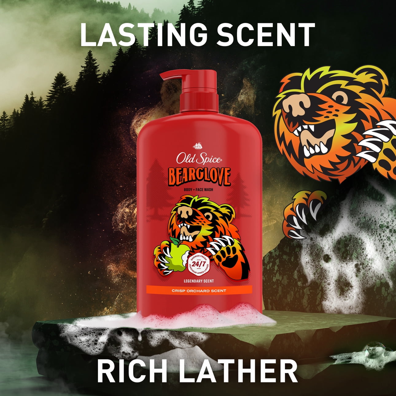 (3 pack) Old Spice Men's Body Wash, Bearglove, Long Lasting Lather, 33.4 fl oz