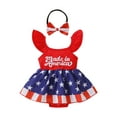 thumbnail image 1 of Franhais Baby Girl  Independence Day Creative Letters Stars and Stripes Pattern Fly-sleeve Jumpsuit Striped Bow Headband, 1 of 9