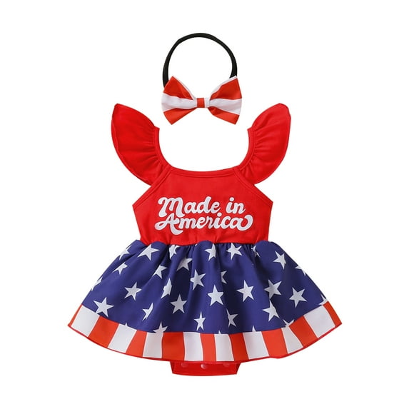 Franhais Baby Girl Independence Day Creative Letters Stars and Stripes Pattern Fly-sleeve Jumpsuit Striped Bow Headband
