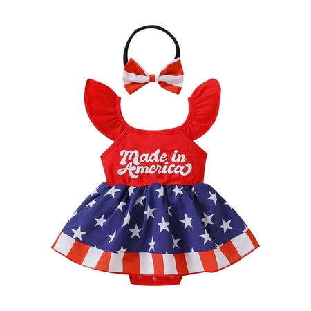 

Canrulo 4th of July Toddler Baby Girl American Flag Star Romper Dress with Headband Independence Day Outfits Red 0-3 Months