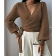 thumbnail image 4 of Women'S Casual V Neck Wrap Sweater Pullover Long Sleeve Slim Fit Knit Crop Top Sweater Coffee S, 4 of 9