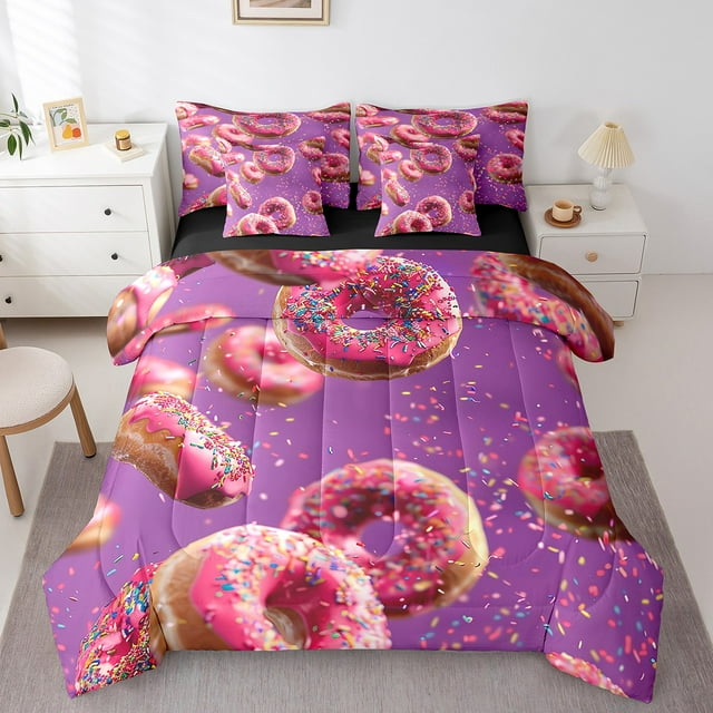YST Pink Donut Bedding Comforter Sets 7pcs Cake Dessert Bed in a Bag, Full