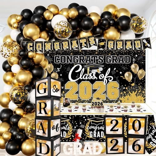 Graduation Decorations 2026 Black and Gold - 4 Balloon Boxes with Letters, Large Class of 2026 Backdrop Banner, 70pcs Balloon Garland Arch Kit - High School College Grad Photo Booth Props