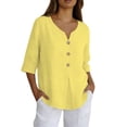 thumbnail image 3 of Women's Cotton Linen Tops Casual 3/4 Sleeve Button Down V Neck Blouses Lightweight Breathable Loose Fit Summer Vacation Shirts for Women Yellow S, 3 of 9