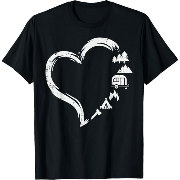 Trees RV Van Campfire Tent Heart Cute Love Camping Camper T-Shirt men and women can wear, black, white, gifts