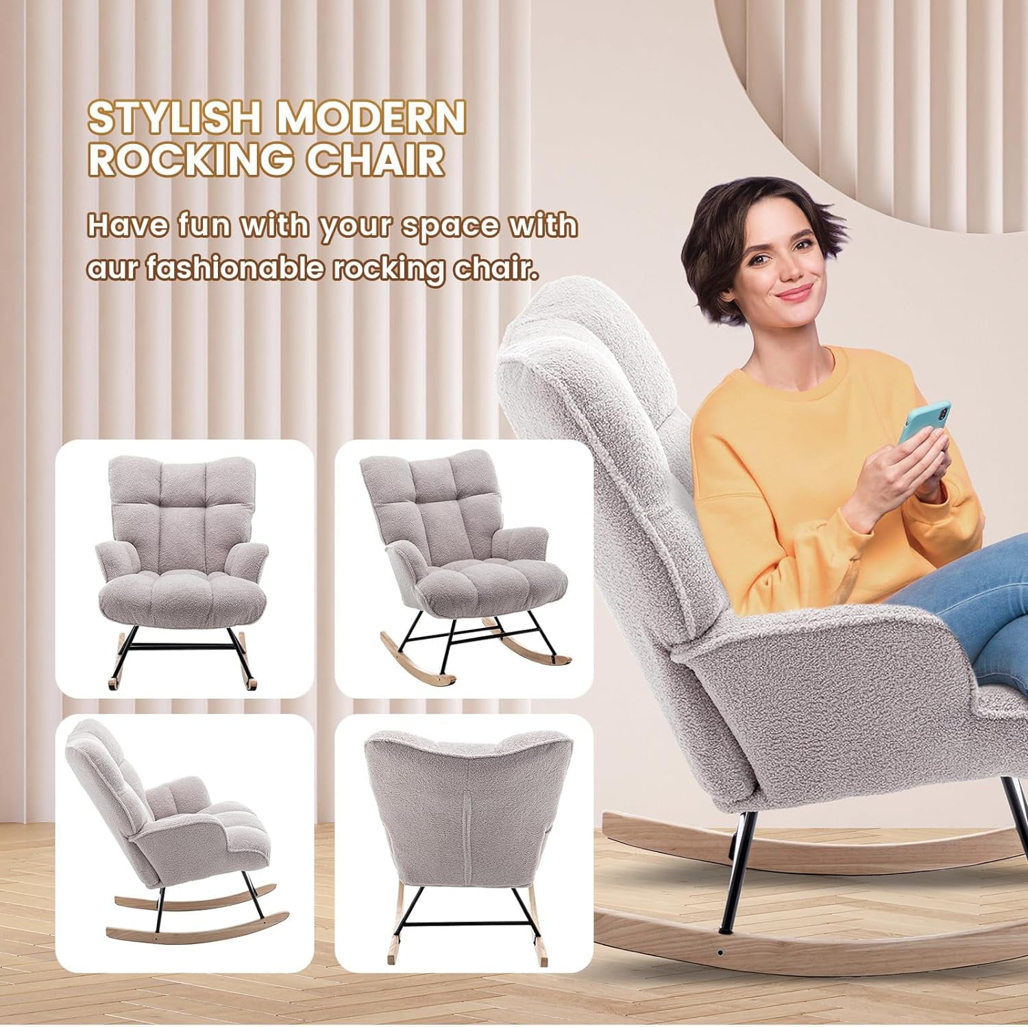 SAETSFEG Nursery Rocking Chair Teddy, High Backrest, Comfortable Stylish with Padded Seat for Living Rooms, Bedrooms, Offices, Grey
