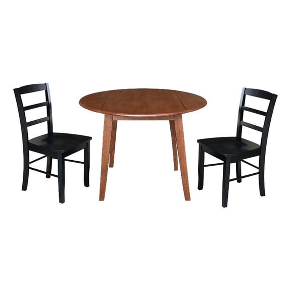 42" Round Solid Wood Dual Drop Leaf Table with 2 Chairs in Distressed Oak