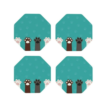 

Fuzoiu Cute Cat Paw And Dog Print Leather Coasters Set Drink Coasters Set of 4 for Tabletop Protection Durable PVC Coasters Home Décor and Housewarming Gift-Octagon