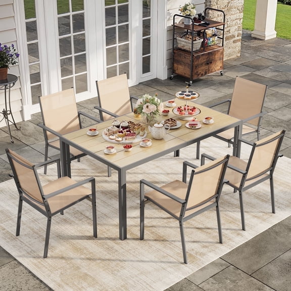 Patio Dining Set, 7 Pieces Outdoor Dining Set for 6 with Stackable Textilene Chairs for Garden & Yard, Brown