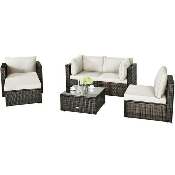 YYAo Patio Furniture Set, Outdoor Patio Set,6 Pcs Patio Rattan Furniture Set with Sectional Cushion-White
