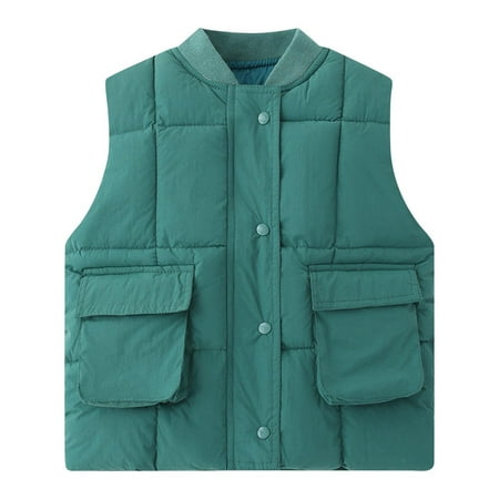 

LNWUY (2-10 Years) Solid Color Children s Autumn and Winter Cotton-Padded Jacket Windproof Button Pocket Vest Sleeveless Hoodless Casual Coat Green 2 Years