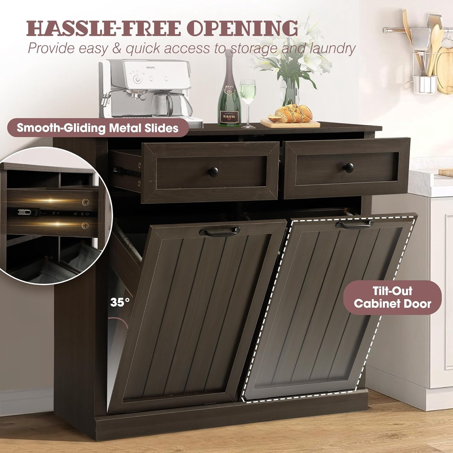 Haverchair Double Tilt Out Laundry Hamper Cabinet, Modern Farmhouse Trash Can Cabinet w/2 Drawers, Wooden 20 Gallon Hidden Garbage Cabinets with 2 Laundry Storage Baskets for Kitchen and Bathroom