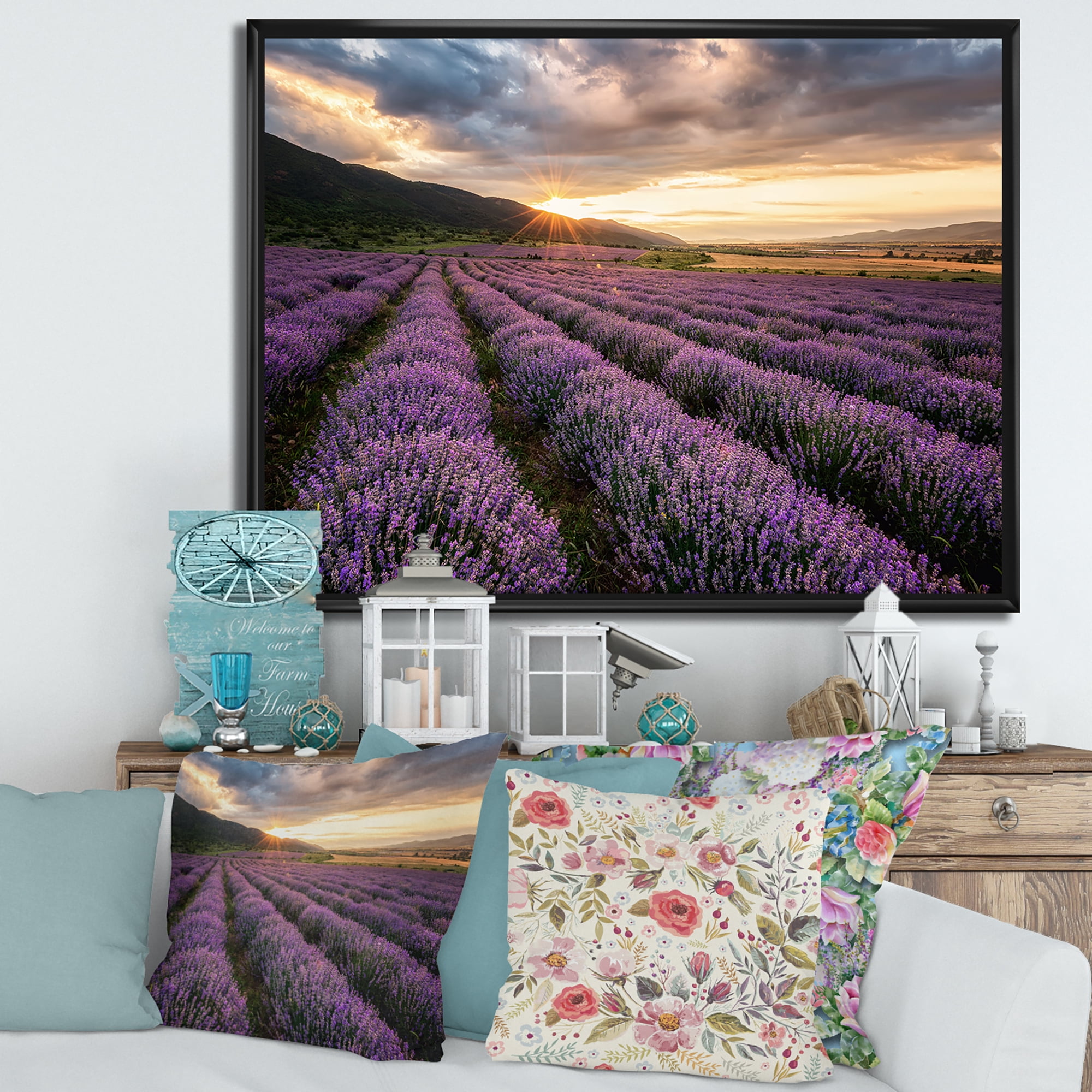 Designart 'Dramatic Clouds and Sunrise Over Lavender Field VI' Farmhouse Framed Canvas Wall Art Print