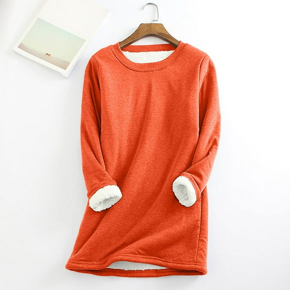 jsaierl Sherpa Lined Sweatshirts for Women Fleece Round Neck Pullover Loungewear Long Sleeve Basic Tunic Top Winter Thermal Underwear Top