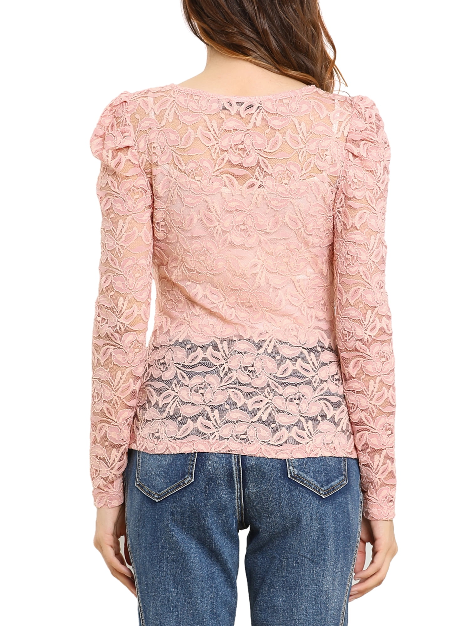 DARING DIVA Semi Sheer Puff Sleeve Vintage Top M Pink