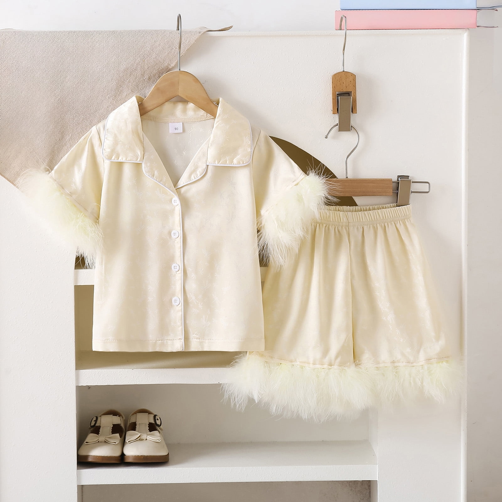 Pandaie Baby Girl Pajama Set Button Down Feather Trims Short Sleeve Shirt Shorts Satin Sleepwear Outfit Kids Nightwear Loungewear Clothes 1-10 Years White