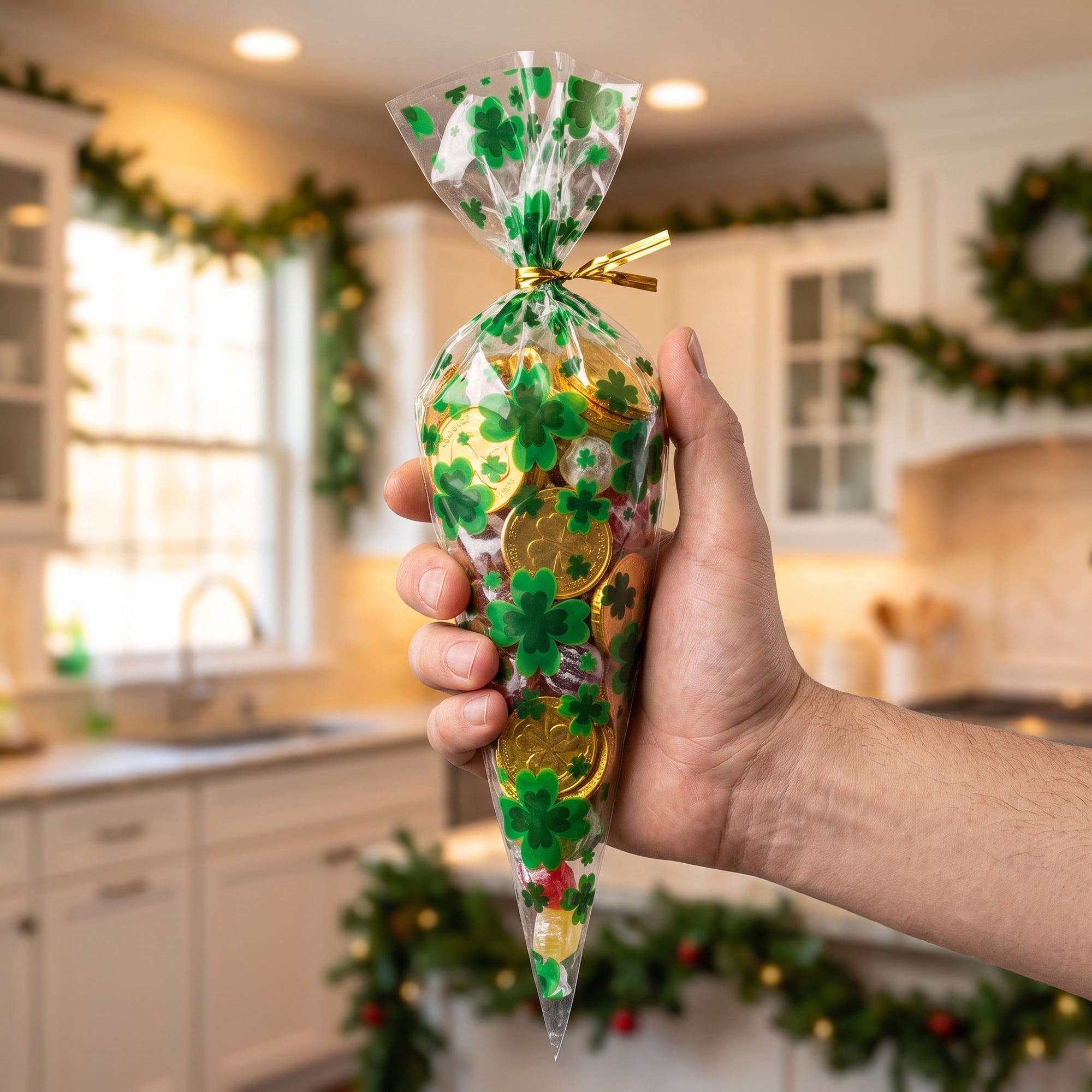Unique Bargains 120Pcs Premium Shamrock Treat Gift Bag for Cookies Multicolor 5.1" x 9.8"