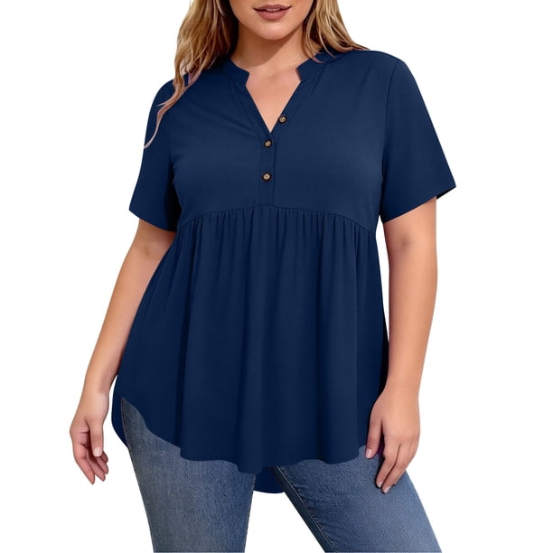 Plus Tops para Mujeres Tamaño Plus Moda Color Sólido Casual Botón-Up Top con Cuello en V Y Manga 3/4 Mujeres Tamaño Plus Tops de Verano