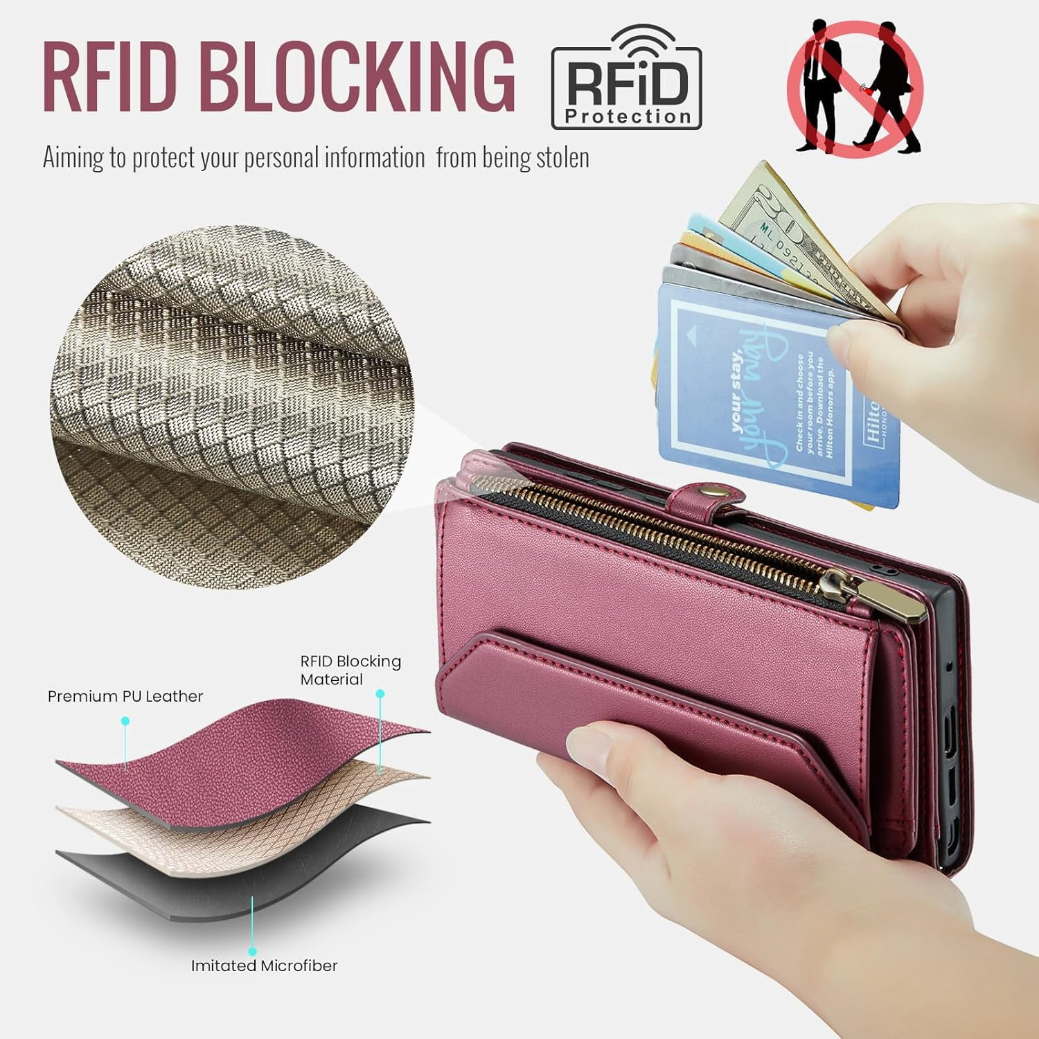 Phone Case for Samsung Galaxy Note 20 Ultra 5G Zipper Wallet Cover with Screen Protector and Flip RFID Blocking Card Holder Cell Note20 Plus Notes 20Ultra Note20+ U + 20+ Twenty Not S20 Women Wine Red