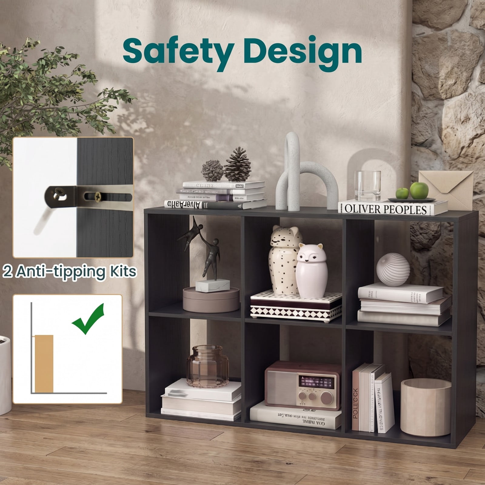 Furnibear 6 Cube Bookshelf, Black Wood Cube Storage Organizer with Back Guardrail and Anti-Tip Kit, Freestanding Display Bookcase for Living Room Bedroom Home, Black