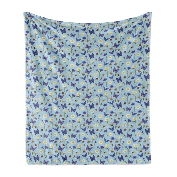 Ladybug Soft Flannel Fleece Throw Blanket, Spring Bees Flying Botany Chamomiles Butterflies Revival Pansy Essence of Nature, Cozy Plush for Indoor and Outdoor Use, 50" x 60", Multicolor, by Ambesonne